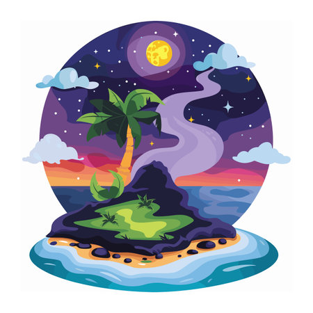 Tropical island night seascape vector illustration, palm trees starry sky full moon, serene ocean island graphic art. Peaceful nighttime beach landscape, vibrant colors, naturethemed designのイラスト素材