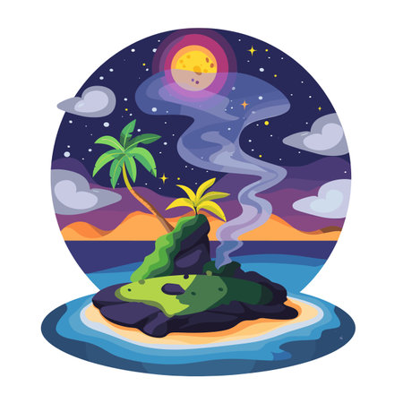 Colorful tropical island vector illustration under starry night sky full moon, palm trees, volcano emitting smoke. Illustration serene beach landscape twilight swirling sky, moonlight reflectingのイラスト素材