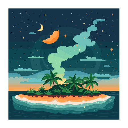 Tropical island night vector illustration, moon stars above ocean. Tranquil scene, palm trees, sandy beach, dark night sky, crescent moon, sparkling stars, clouds, peaceful atmosphere. Cartoonのイラスト素材