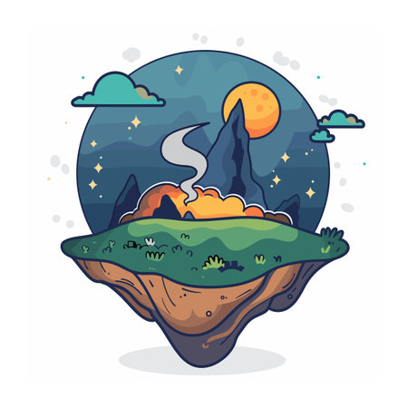 Floating island night scene volcano erupting, sun, moon. Colorful fantasy illustration floating landscape volcanic eruption under sky. Cartoonstyle landmass volcano, celestial bodiesのイラスト素材