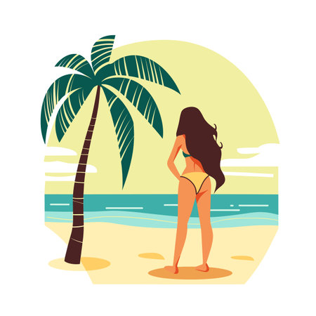 Woman standing beach sunset, female figure observing ocean horizon, tropical scene palm tree sandy shore. Calm relaxing beach vacation, young lady enjoys solitude sea view, golden hour tropicalのイラスト素材