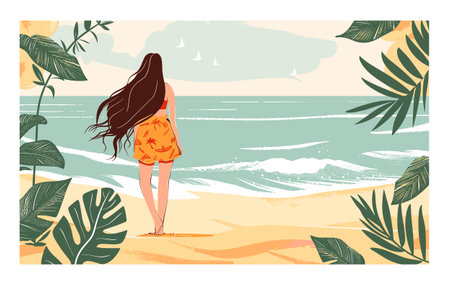 Young woman standing beach looking sea, long hair, tropical environment, sand, waves, sails, beach dress, relaxed posture, clear sky. Female enjoying view ocean, peaceful, calm, vacation moodのイラスト素材