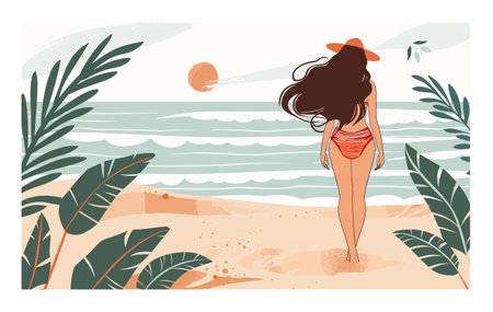 Woman strolling beach, tropical beach scene, long hair flowing, ocean waves, orange hat, red striped swimsuit, tropical plants. Female enjoys seaside, summer vacation vibe, calm waters, sandy shoreのイラスト素材