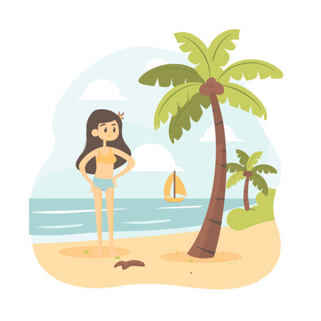 Young female character stands smiling sandy beach beside palm tree, tropical vacation. Sailing boat horizon, clear skies, leisure holiday illustration. Cartoon girl enjoys seaside, summer beachのイラスト素材
