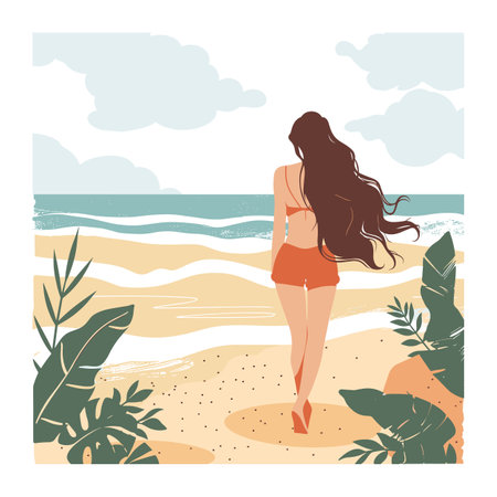 Woman walking towards ocean beach tropical scene long hair flowing. Female red bikini bottoms beach day summer leisure vacation. Relaxation tropical plants sand coastline clouds illustrationのイラスト素材