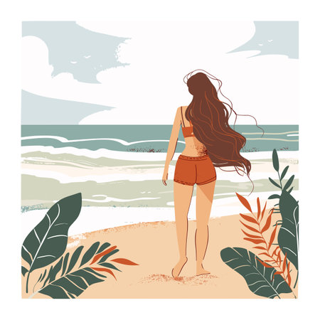 Longhaired woman standing sea, beach landscape, tropical foliage. Woman facing ocean, tranquil beach scene, stylish summer shorts. Serene day, solo female traveler contemplating wavesのイラスト素材
