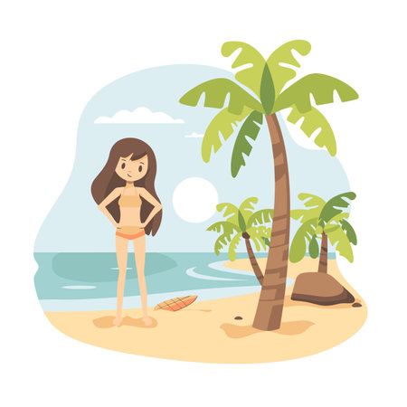 Young woman standing sandy beach under palm trees wearing bikini, sunny tropical setting. Vector illustration female character enjoying vacation seaside, surfboard lying nearby. Beach scene smilingのイラスト素材