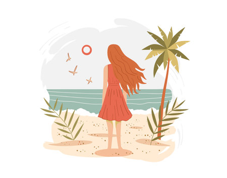 Woman stands beach facing sea, long red hair, red dress, contemplative mood. Seashore landscape palm tree, flying birds, serene atmosphere. Beach vacation scene, female looking horizon, peacefulのイラスト素材