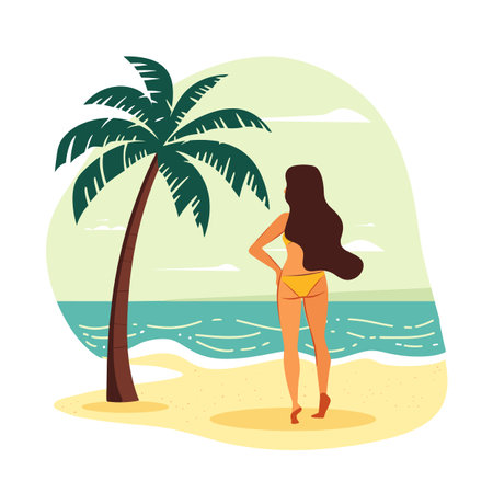 Young woman standing beachside gazing sea, palm tree background summer vacation theme. Female bikini relaxing tropical landscape, leisure travel tourism concept. Serene girl enjoying seasideのイラスト素材