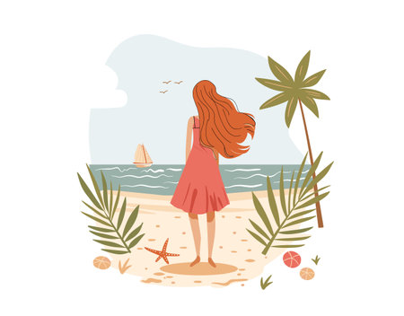 Young woman stands gazing sea calm beach scene. Redhead female enjoys solitude tropical coast, summer dress. Tranquil ocean view, sailboat, palm trees, beachscape, holiday mood graphicのイラスト素材