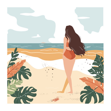 Young woman walking beach admiring sea view, long hair flowing. Tropical foliage sandy shore peaceful atmosphere, summer vacation. Female swimwear enjoying seaside, tranquil ocean horizonのイラスト素材