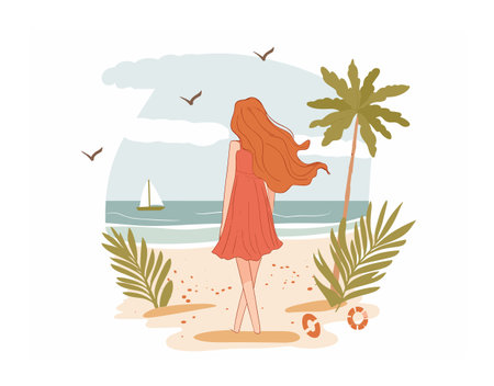 Woman beach looking ocean, red hair flowing, wearing coral dress, sailboat, palm trees, seagulls, tranquil scene, vacation tropical. Caucasian female enjoys serene seaside, warm palette, summerのイラスト素材