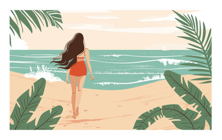 Woman walking beach, tropical setting, red swimsuit, flowing hair, palm leaves foreground, calm sea, sailboat horizon. Solitary female strolls sandy shore, serene vacation, summer holiday, tranquilのイラスト素材