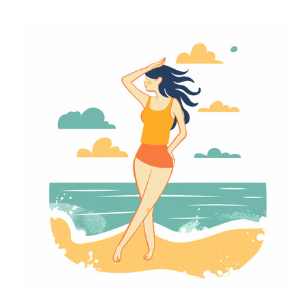 Woman standing beach looking away, hand forehead, hair blowing, casual summer attire. Young female dark hair enjoying seaside, waves sun, relaxed pose. Illustration carefree beachgoer coastalのイラスト素材