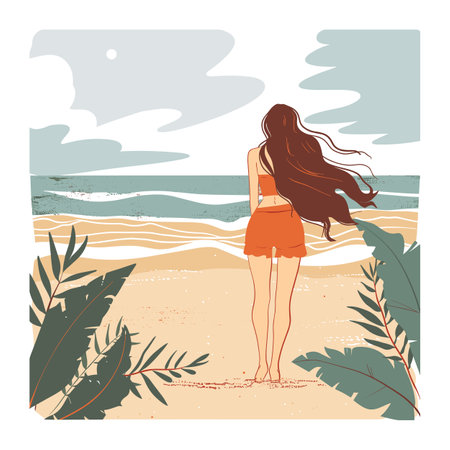 Young woman standing beach long hair flowing, looking sea summer day. Female rear view beachwear orange shorts contemplative ocean gaze. Tropical foliage sand coastline tranquil scene illustrationのイラスト素材