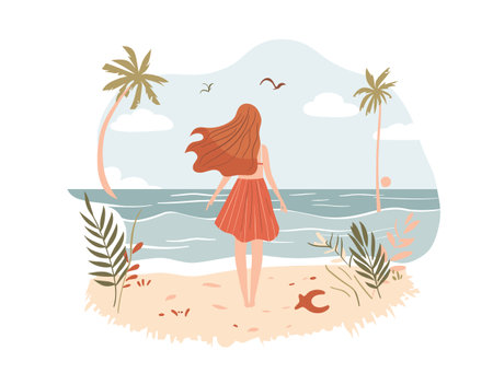 Young woman standing beach looking sea, long red hair, wearing summer dress, surrounded tropical foliage, serene setting. Female enjoys tranquil ocean view, feeling relaxation, holiday vibeのイラスト素材