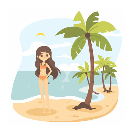 Young woman standing sandy beach, tropical palm trees, ocean background, summer vacation scene, cartoon style. Female character orange swimsuit enjoys seaside, sunny blue sky, relaxed holiday moodのイラスト素材