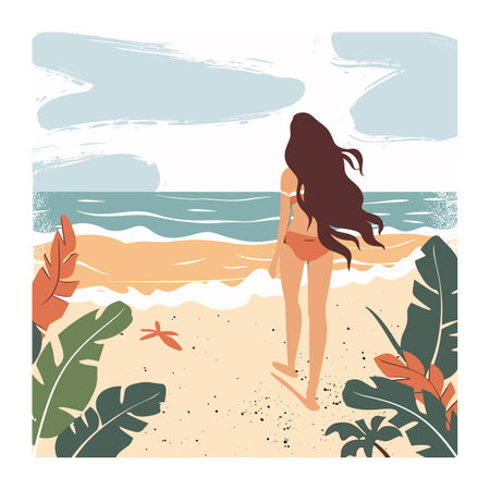 Woman walking beach, long hair flowing, orange bikini, tranquil sea, clear sky, tropical foliage frame, serene atmosphere, beach stroll, relaxation ocean, summer vibesのイラスト素材