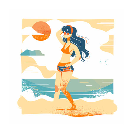 Woman walking beach sunset vector illustration, female enjoying seaside evening stroll. Young lady bikini walk along shore, ocean waves sunset background. Fashionable girl beachwear leisure timeのイラスト素材