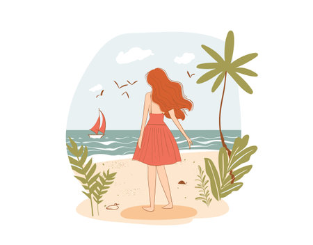 Young woman standing beach looking out sea, red dress, tropical palm trees, sailing boat, seagulls. Female redhead, serene tropical beach scene, gentle breeze, warm climate ambiance. Illustrationのイラスト素材