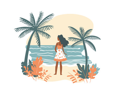Woman stands ocean, gazing waves, surrounded tropical plants, palms. Female sundress enjoys serene beach scene, calm seashore, sunset ambiance. Tranquil beach holiday graphic, calming seasideのイラスト素材