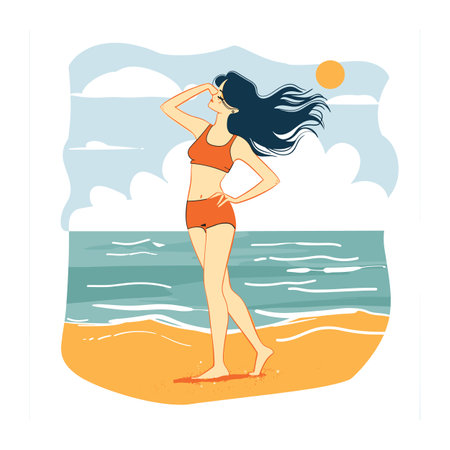 Young woman enjoying sunny beach day, standing sand swimwear, sea breeze blowing hair. Relaxed female beachgoer orange bikini soaking up sun seaside, clear sky. Illustration carefree summerのイラスト素材