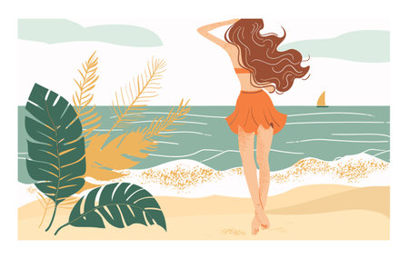 Woman enjoying beach, long hair blowing, standing seaside. Summer bliss, female gaze ocean waves, skirt fluttering, tropical foliage. Carefree traveler, sandy shore observe sailboat, tranquilのイラスト素材