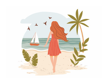 Redhaired woman walking beach, observing sailboat, birds flying, tropical scene. Calm oceanscape, sandy shore, palm tree, leisure tropical vacation concept. Serene beach atmosphere, redhead femaleのイラスト素材