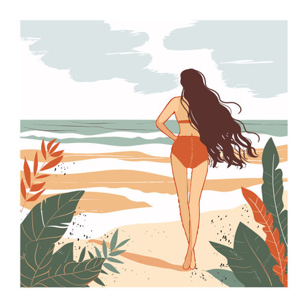 Woman standing sandy beach, long hair flowing, looking out sea. Female red swimsuit enjoys ocean view, tropical plants frame scene. Relaxed beach holiday vibe, serene coastal illustrationのイラスト素材