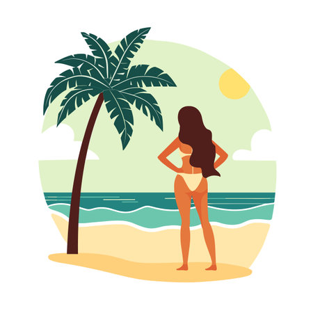 Woman standing beach beside palm tree looking ocean. Female bikini enjoys tropical seaside under sun. Beach vacation, relaxed holiday mood, travel destination conceptのイラスト素材