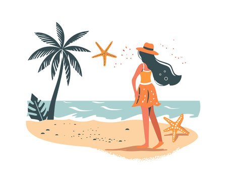Woman strolling beach near ocean, summer dress, hat, looking starfish. Tropical beach scene, female enjoys serene coastline, vacation vibe. Casual summerwear, tranquil seaside, travel themeのイラスト素材