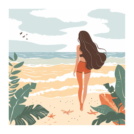 Woman walking beach, long hair, bikini bottom, looking sea. Calm beach scene, tropical foliage, starfish, tranquil sea, fluffy clouds. Female ocean, peaceful stroll, serene afternoonのイラスト素材
