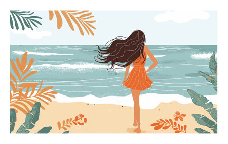 Woman standing beach looking sea, wind long hair, tropical setting. Female figure enjoys serene ocean view, surrounded foliage, summer vibe. Elegant lady orange dress adores coastal sceneryのイラスト素材