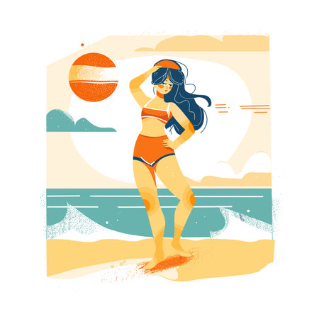 Young woman beach sunset, standing sand, summer day. Female, long hair, sunglasses, orange bikini, enjoying seaside. Stylish lady poses, sunny beach, fashionable swimwear, holiday conceptのイラスト素材