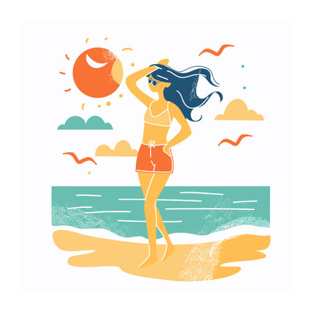 Woman standing beach, hand shielding eyes looking sun, wearing sunglasses, shorts, breezy hair. Seaside view, vibrant sunset, calm ocean waves, leisure beach vacation scene. Stylish female beachwearのイラスト素材