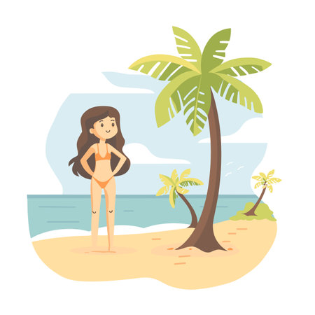 Young woman standing confidently beach under palm trees, enjoying tropical scenery, smiling bikini. Cartoon character sandy beach clear sky, leisure vacation concept, serene seaside view. Femaleのイラスト素材