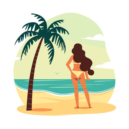 Woman standing under palm tree observing serene sea, relaxing vacation moment. Female enjoys tranquil beach scenery, sunshine, leisure getaway. Bikiniclad lady long hair gazes ocean horizonのイラスト素材