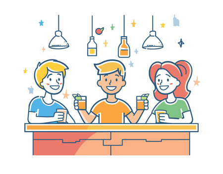 Three friends enjoying drinks together bar, happy smiling faces, cheerful atmosphere. Young adults socializing, colorful vector illustration bar scene. Casual clothing, drinks hands, friendlyのイラスト素材
