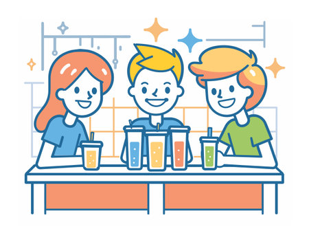 Three friends enjoying drinks together cafe, happy young adults, smiling faces, casual clothing. Group jovial people seated, social gathering, indoor setting, refreshments table. Youthful trioのイラスト素材