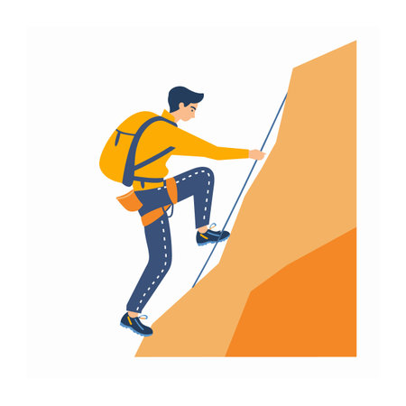 Climber scales steep incline, safety harness, adventure sport. Male climber equipped backpack, climbing gear, dynamic motion. Rock climbing action, young adult, focus, outdoor activity illustrationのイラスト素材