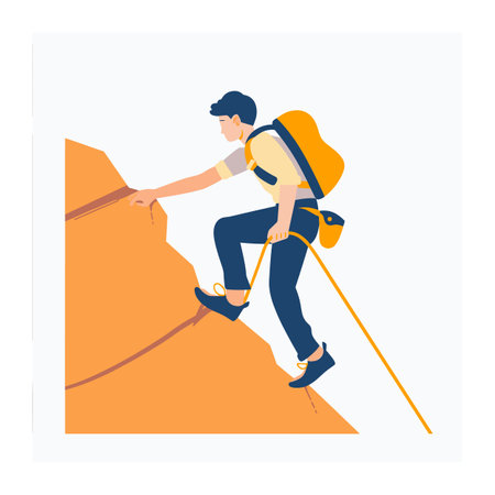 Young man climbing steep mountain, equipped backpack climbing rope. Male hiker uses safety gear ascending rocky terrain. Adventurer engages outdoor sports activity, mountaineering conceptのイラスト素材