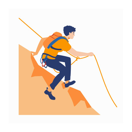 Young male climber ascending steep cliff rope. Man engages rock climbing wearing safety harness, helmet. Adventure sport vector illustration isolated white backgroundのイラスト素材