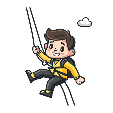 Boy enjoying rock climbing adventure, smiling child equipped harness helmet, cartoon style. Young climber practicing rappelling, lively kid engaging outdoor sports activity, cheerful expressionのイラスト素材
