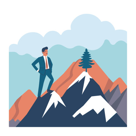 Businessman standing atop mountain peak, success achievement concept. Confident male character suit achieved top goals, career summit. Professional triumph, leadership, aspiration illustrationのイラスト素材
