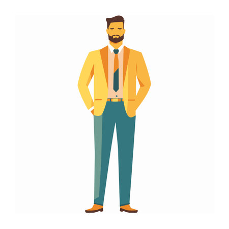 Confident businessman standing, stylish yellow blazer, teal trousers, brown shoes, smiling, hands pockets. Professional attire, modern look, isolated white background, cheerful male characterのイラスト素材