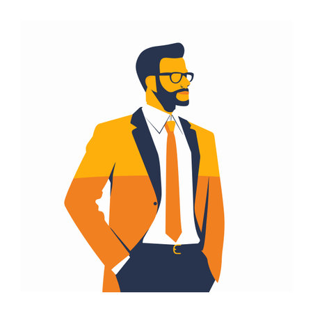 Young adult businessman wearing glasses suit, standing confidently. Male professional beard, business attire against isolated white background. Cool stylish entrepreneur, modern fashionのイラスト素材