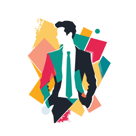 Stylish businessman silhouette abstract geometric background. Confident male professional modern art design elements. Creative corporate vector graphic isolated white backgroundのイラスト素材