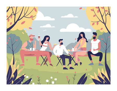 Group young adults enjoying picnic outdoors, casual clothing, diverse friends relaxing, social gathering, nature, park setting. Two men, two women, sitting, talking, drinking, leisure activityのイラスト素材