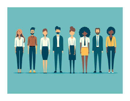 Diverse group cartoon business professionals standing together. Multiethnic male female characters, corporate team, workplace diversity. Flat design vector illustration office workers, formalのイラスト素材