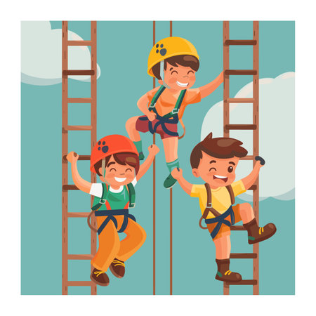 Three young children climb rope ladders, all wearing safety helmets harnesses. Boys girl show excitement joy during adventure activity. Kids engage outdoor climbing, cartoon style depictionのイラスト素材